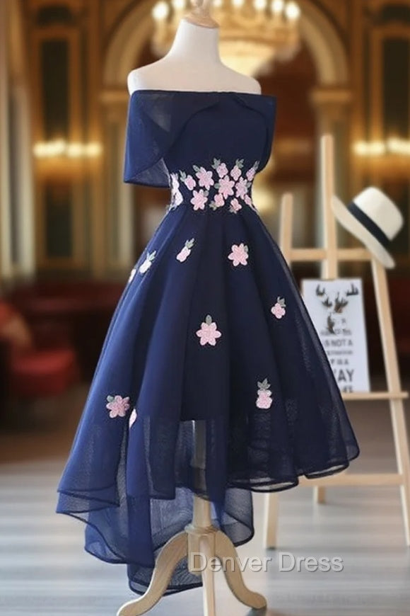 Charming Navy Blue Tulle Party Dresses with Flowers, Cute Prom Dresses