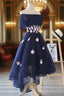 Charming Navy Blue Tulle Party Dresses with Flowers, Cute Prom Dresses