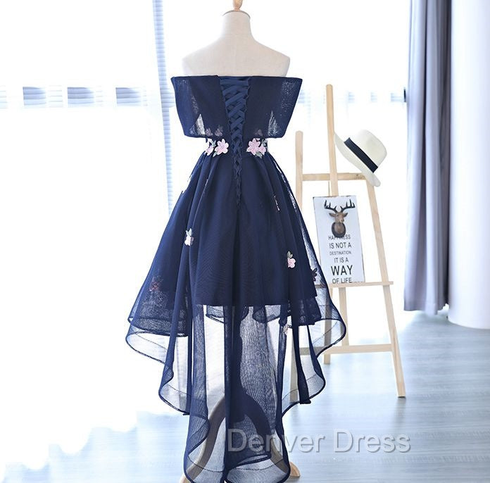 Charming Navy Blue Tulle Party Dresses with Flowers, Cute Prom Dresses