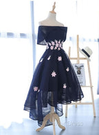 Charming Navy Blue Tulle Prom Dress with Flowers, Cute Prom Dresses