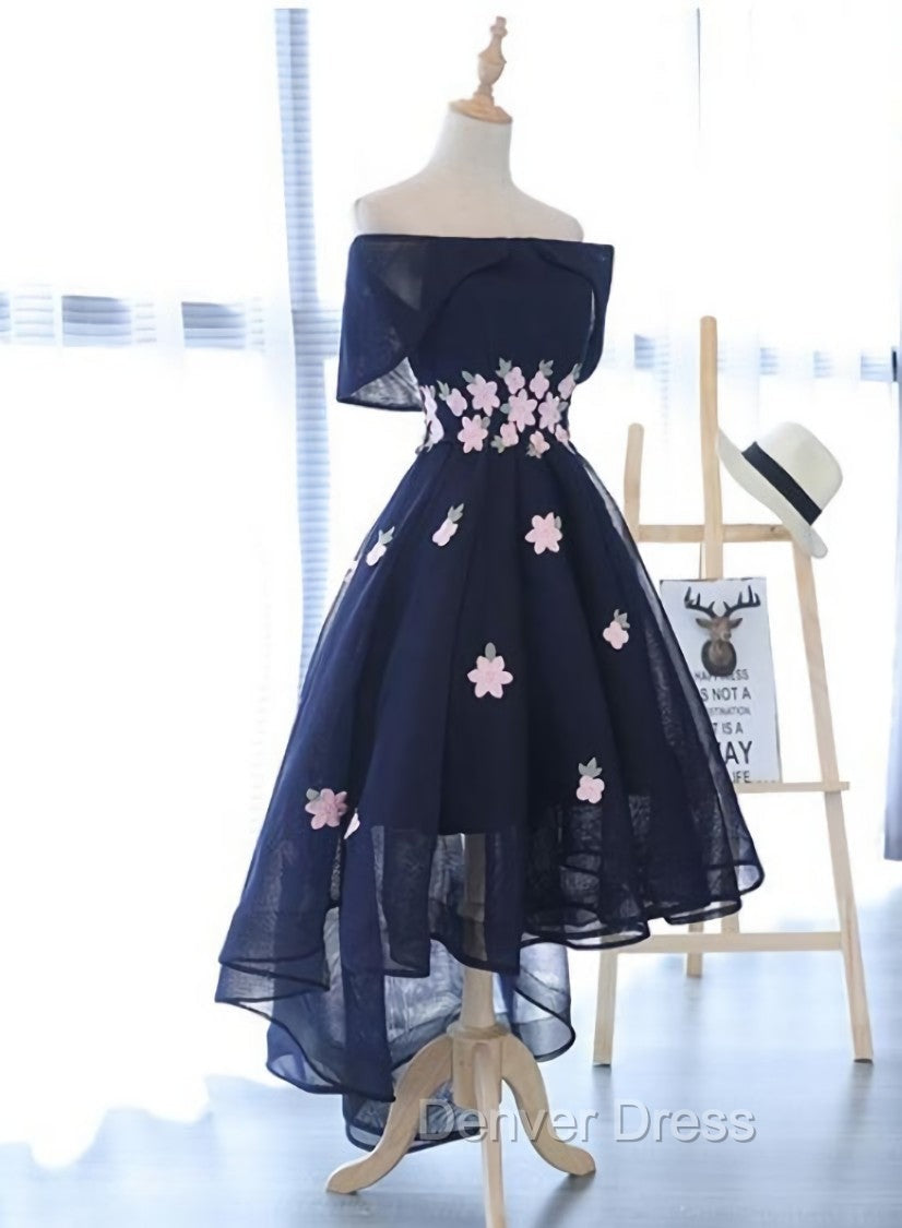 Charming Navy Blue Tulle Prom Dress with Flowers, Cute Prom Dresses