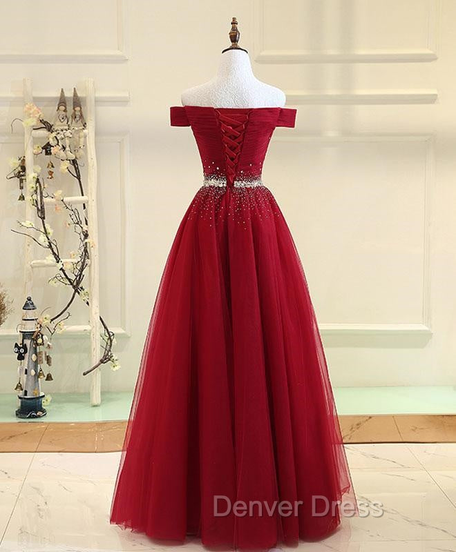 Charming Off Shoulder Tulle Beaded Prom Gowns, Wine Red Long Junior Prom Dresses Secondary image