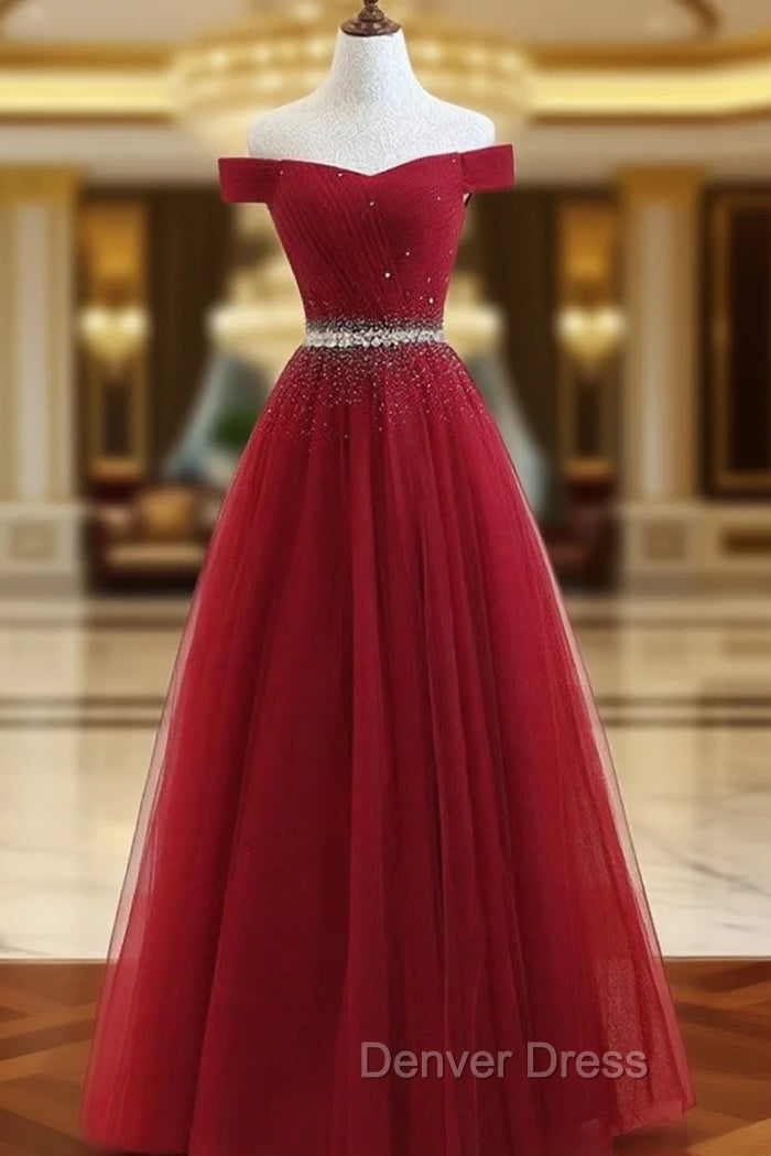Charming Off Shoulder Tulle Beaded Prom Gowns, Wine Red Long Junior Prom Dresses Main image
