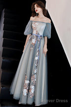 Charming Off Shoulder Tulle Long Prom Dress, Floral Applique Prom Dresses