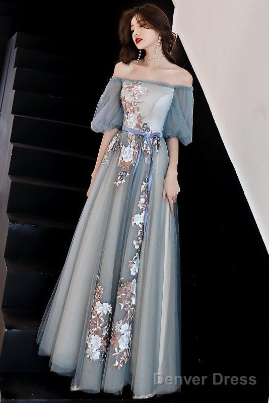 Charming Off Shoulder Tulle Long Prom Dress, Floral Applique Prom Dresses