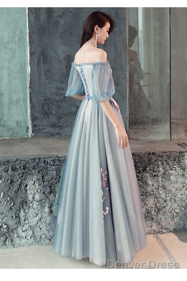 Charming Off Shoulder Tulle Long Prom Dress, Floral Applique Prom Dresses