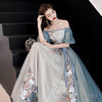 Charming Off Shoulder Tulle Long Prom Dress, Floral Applique Prom Dresses
