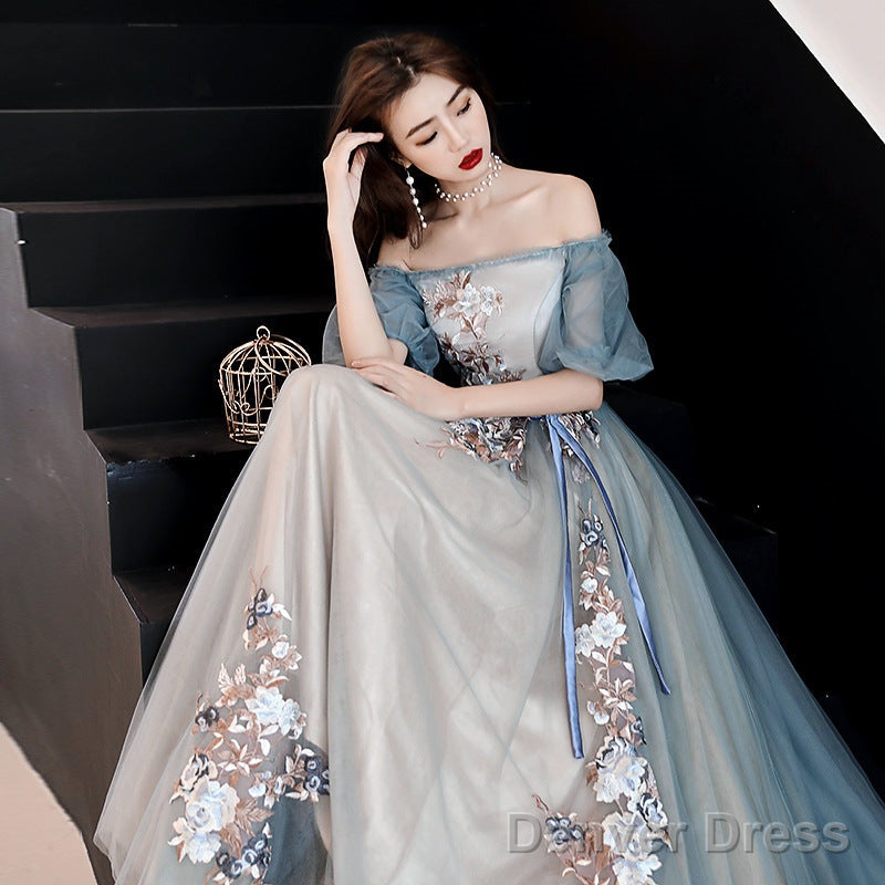 Charming Off Shoulder Tulle Long Prom Dress, Floral Applique Prom Dresses