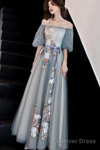 Charming Off Shoulder Tulle Long Prom Dress, Floral Applique Prom Dresses