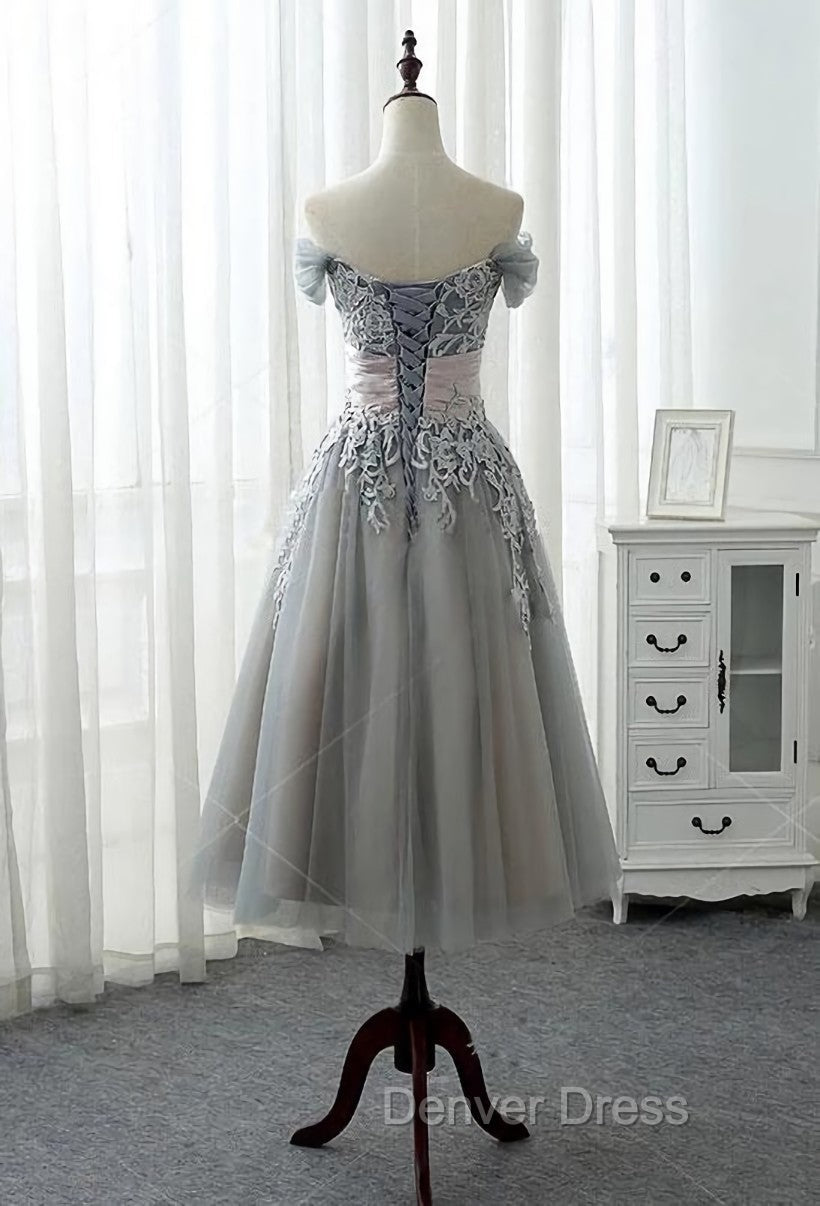 Charming Off The Shoulder Homecoming Dress, Short A Line Tulle Gray Prom Dresses Secondary image
