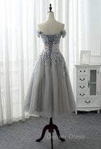 Charming Off The Shoulder Homecoming Dress, Short A Line Tulle Gray Prom Dresses
