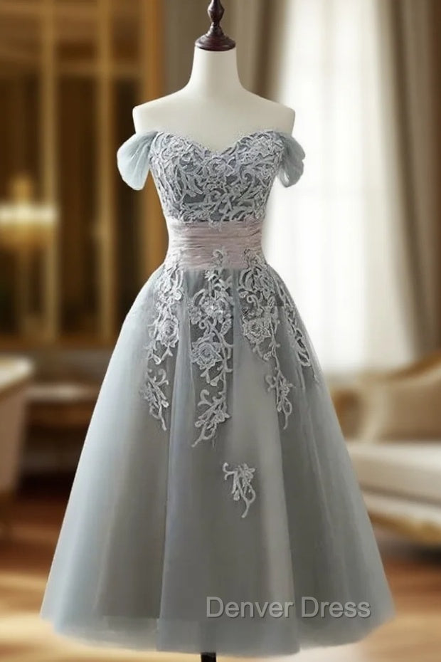 Charming Off-the-shoulder Homecoming Dresses, Short A-line Tulle Gray Party Dresses Main image