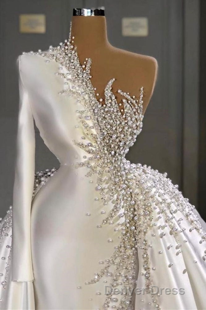Charming One Shoulder Satin Mermaid Bridal Gown Pearls Beading Prom Gown Secondary image