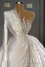 Charming One Shoulder Satin Mermaid Bridal Gown Pearls Beading Prom Gown