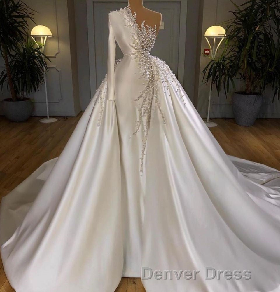 Charming One Shoulder Satin Mermaid Bridal Gown Pearls Beading Prom Gown