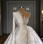 Charming One Shoulder Satin Mermaid Bridal Gown Pearls Beading Prom Gown