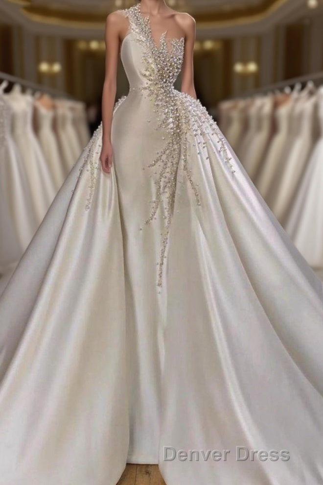 Charming One Shoulder Satin Mermaid Bridal Gown Pearls Beading Prom Gown Main image