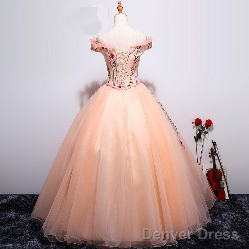 Charming Pearl Pink Tulle Ball Gowns Tulle Sweet 16 Dress, Floral Prom Dresses