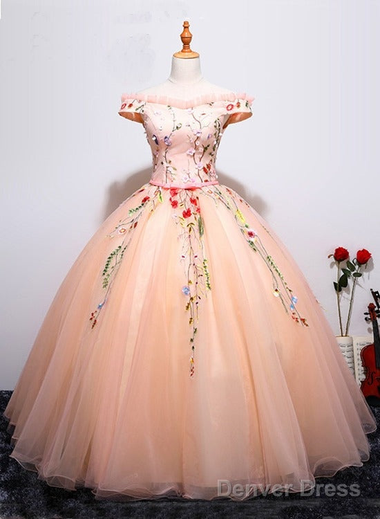 Charming Pearl Pink Tulle Ball Gowns Tulle Sweet 16 Dress, Floral Prom Dresses Main image