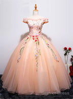 Charming Pearl Pink Tulle Ball Gowns Tulle Sweet 16 Dress, Floral Prom Dresses