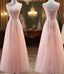 Charming Pearl Pink Tulle Simple Party Dresses with Lace, V-neckline Long Formal Dresses