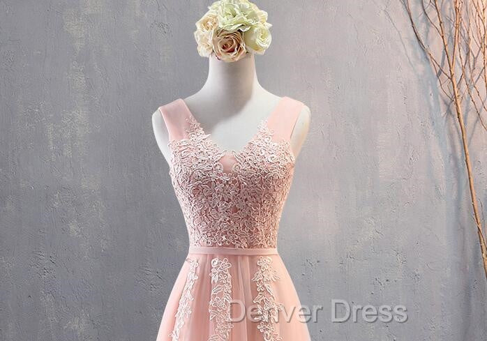 Charming Pearl Pink Tulle Simple Party Dresses with Lace, V-neckline Long Formal Dresses