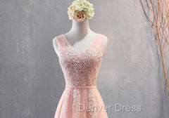 Charming Pearl Pink Tulle Simple Party Dresses with Lace, V-neckline Long Formal Dresses
