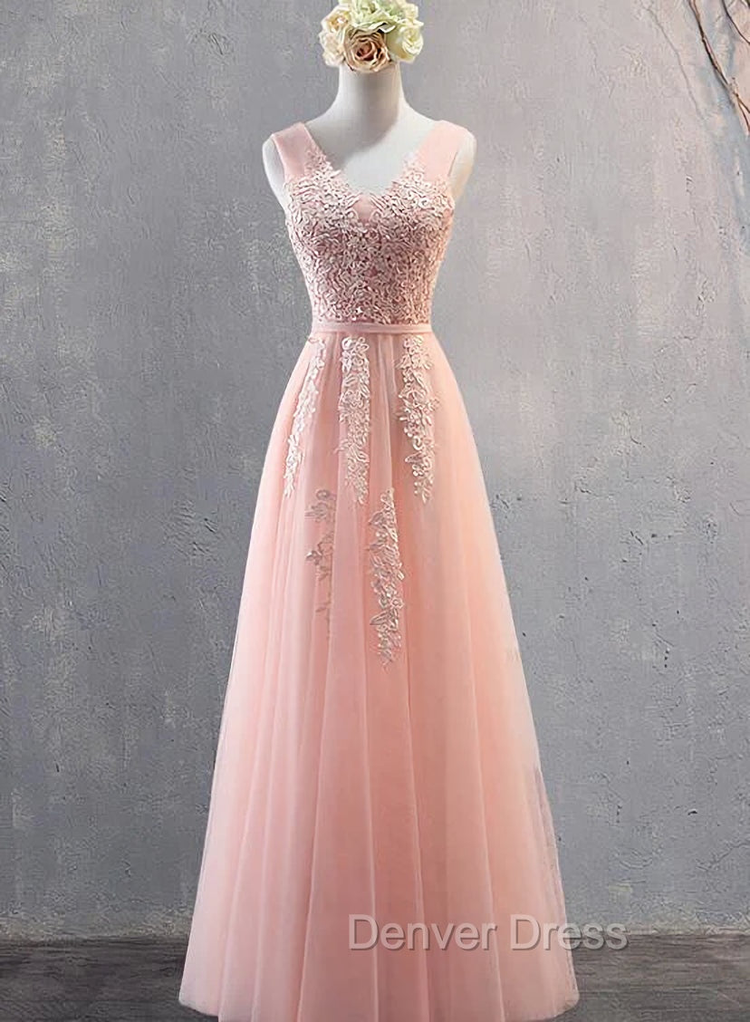 Charming Pearl Pink Tulle Simple Party Dresses with Lace, V-neckline Long Formal Dresses Main image