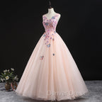 Charming Pink Flowers Ball Gowns Long Sweet 16 Dress, Pink Prom Dresses