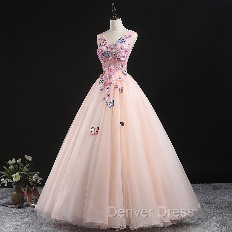 Charming Pink Flowers Ball Gowns Long Sweet 16 Dress, Pink Prom Dresses