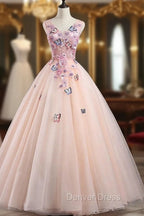 Charming Pink Flowers Ball Gowns Long Sweet 16 Dress, Pink Prom Dresses