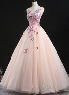 Charming Pink Flowers Ball Gowns Long Sweet 16 Dress, Pink Prom Dresses