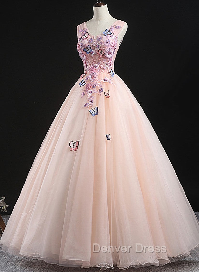 Charming Pink Flowers Ball Gowns Long Sweet 16 Dress, Pink Prom Dresses