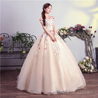 Charming Pink Off Shoulder Ball Gowns Prom Dress, Lace Applique Prom Dresses