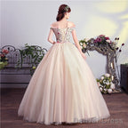 Charming Pink Off Shoulder Ball Gowns Prom Dress, Lace Applique Prom Dresses