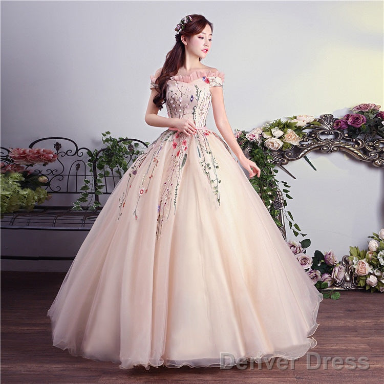 Charming Pink Off Shoulder Ball Gowns Prom Dress, Lace Applique Prom Dresses