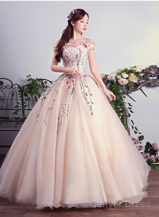 Charming Pink Off Shoulder Ball Gowns Prom Dress, Lace Applique Prom Dresses Main image