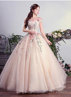 Charming Pink Off Shoulder Ball Gowns Prom Dress, Lace Applique Prom Dresses