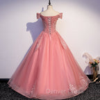 Charming Pink Off Shoulder Lace Applique Sweetheart Party Dresses, Pink Prom Dresses