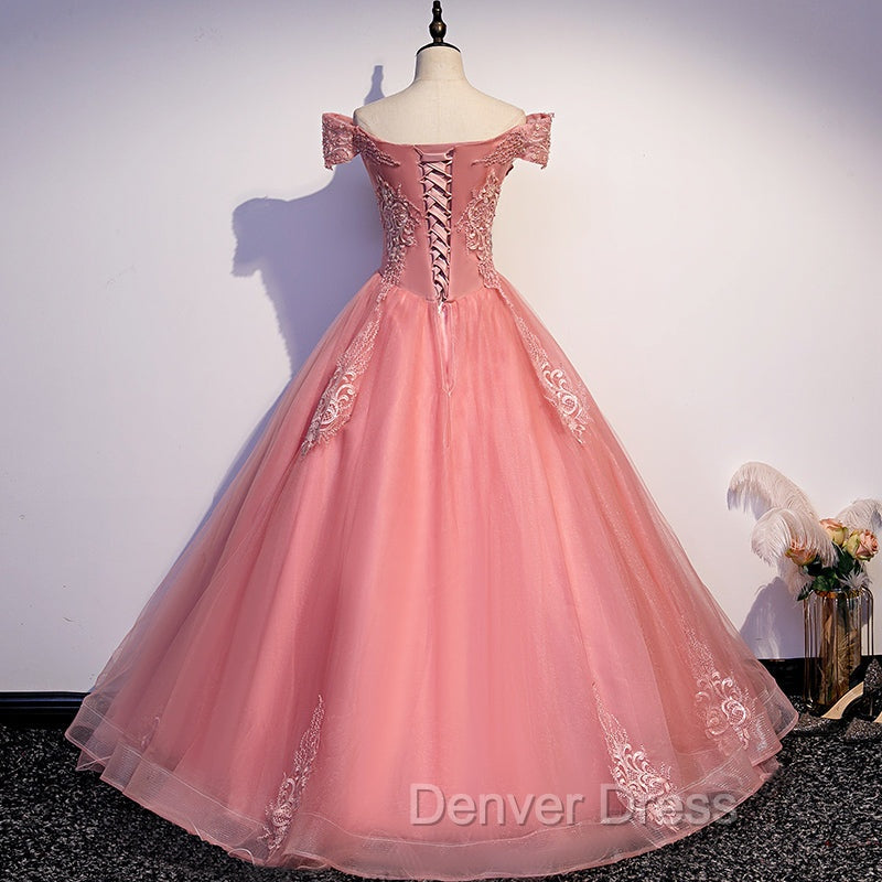 Charming Pink Off Shoulder Lace Applique Sweetheart Party Dresses, Pink Prom Dresses