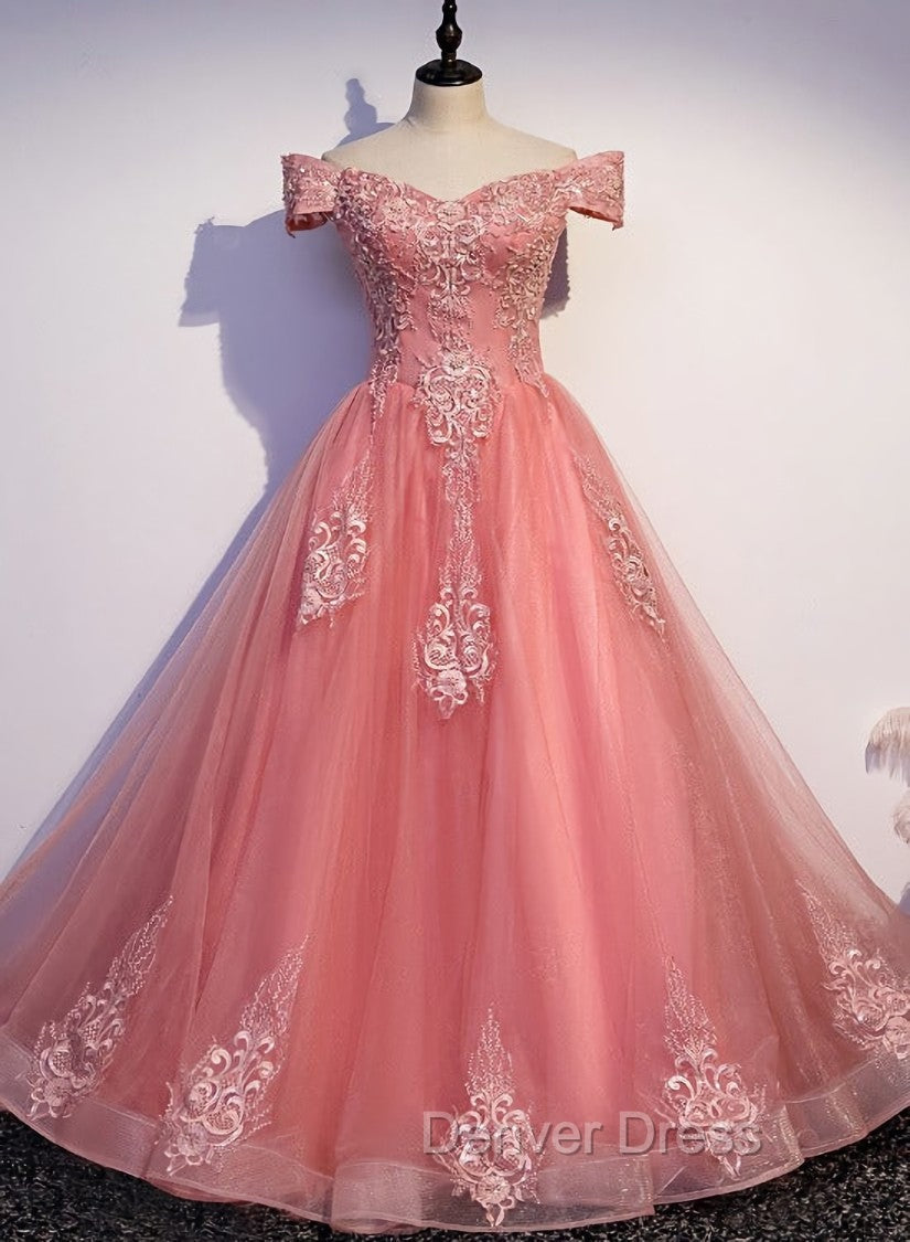 Charming Pink Off Shoulder Lace Applique Sweetheart Prom Dress, Pink Prom Dresses