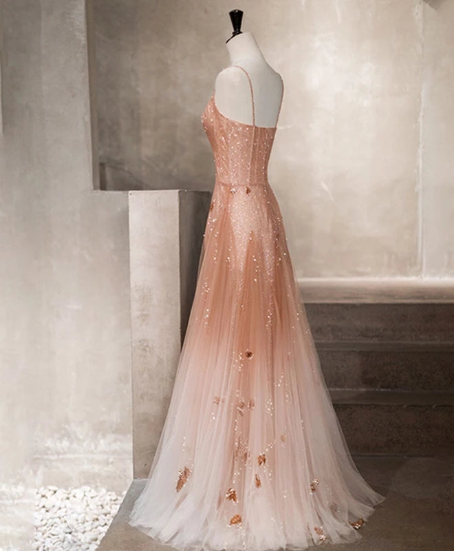 Charming Pink Tulle Straps Long Beaded Prom Gowns, Straps Long Prom Dresses Secondary image