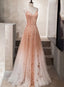 Charming Pink Tulle Straps Long Beaded Prom Gowns, Straps Long Prom Dresses