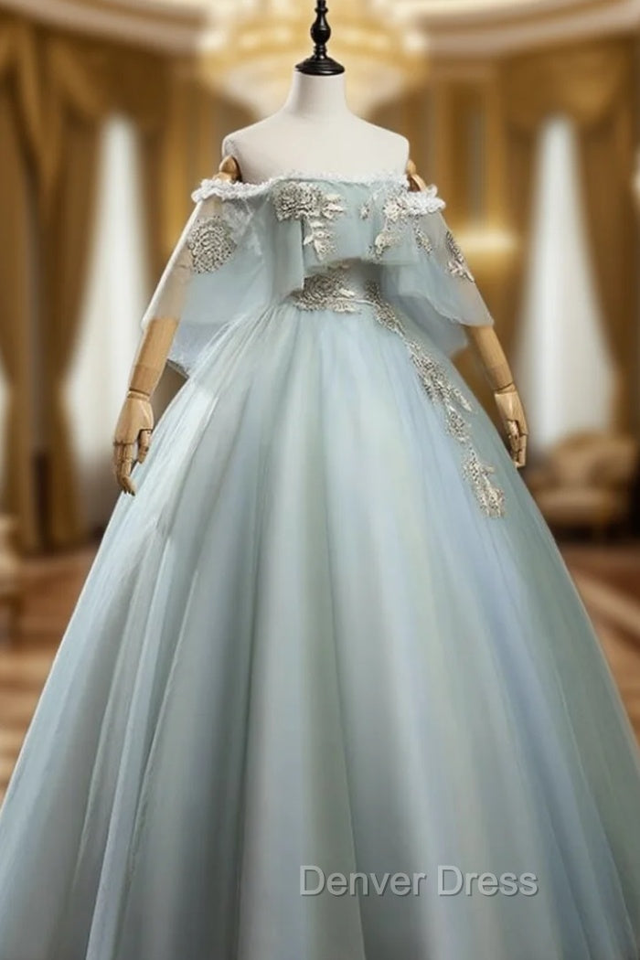 Charming Princess Light Green Tulle with Lace Flowers Prom Dresses, Light Green Party Dresses Main image