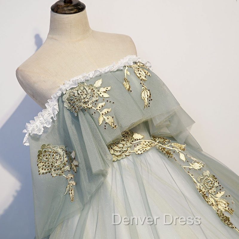 Charming Princess Light Green Tulle with Lace Flowers Prom Dress, Light Green Prom Dresses