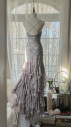 Charming Purple Beaded Short Front And Long Back Ruffled Chiffon Skirt Prom Dress