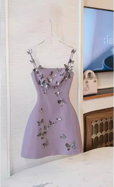 Charming Purple Butterfly Strap Satin 17Th Birthday Homecoming Dresses