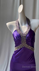 Charming Purple Halter Satin Sheath Beaded Sequins Backless Prom Dress Temperament Evening Dress