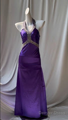 Charming Purple Halter Satin Sheath Beaded Sequins Backless Prom Dress Temperament Evening Dress