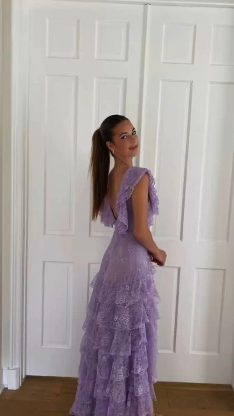 Lilac Long Prom Dress Layed Lace Prom Dresses Main image